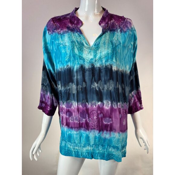 Vintage Indian Tropical Fashion Tie-Dye Tunic Top One Size 100% Rayon Embroidere - Picture 12 of 16